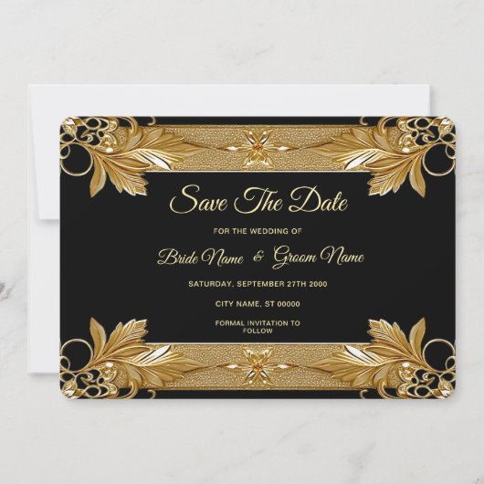 Gouden zwarte  bloem Bewaar de datum Save The Date (Voorkant)