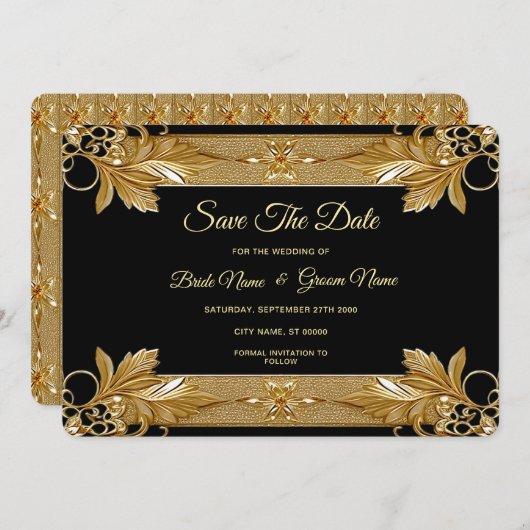Gouden zwarte  bloem Bewaar de datum Save The Date (Voorkant / Achterkant)