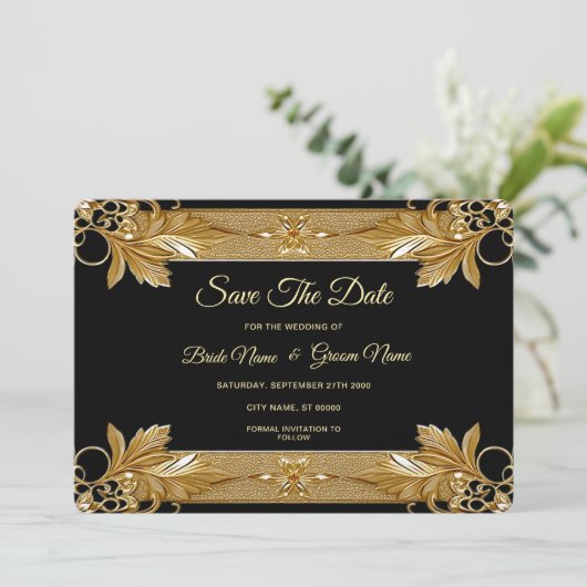 Gouden zwarte  bloem Bewaar de datum Save The Date (Staand voorkant)