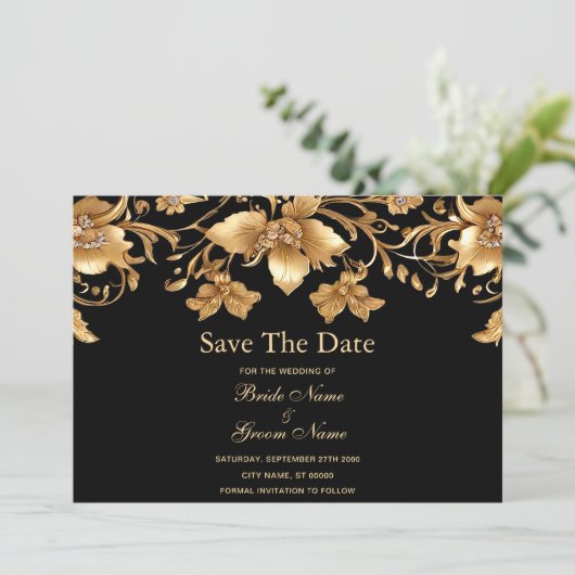 Gouden zwarte  bloem Bewaar de datum Save The Date (Staand voorkant)