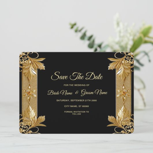 Gouden zwarte  bloem Bewaar de datum Save The Date (Staand voorkant)
