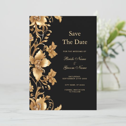 Gouden zwarte bloem Bewaar de datum Save The Date (Staand voorkant)