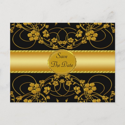 Gouden & Zwarte Bloem Bruilofts Monogram Aankondigingskaart (Voorkant)