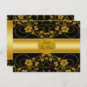 Gouden & Zwarte Bloem Bruiloftsmonogram Aankondigingskaart (Voorkant / Achterkant)