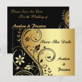 Gouden & Zwarte Bloemen Scroll Save The Date Brief Aankondigingskaart (Voorkant / Achterkant)