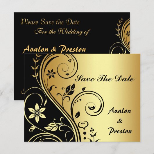 Gouden & Zwarte Bloemen Scroll Save The Date Brief Aankondigingskaart (Voorkant / Achterkant)
