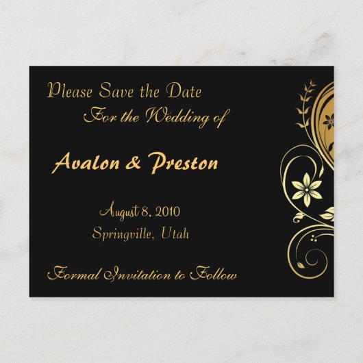 Gouden & Zwarte Bloemen Scroll Save The Date Brief Aankondigingskaart (Achterkant)