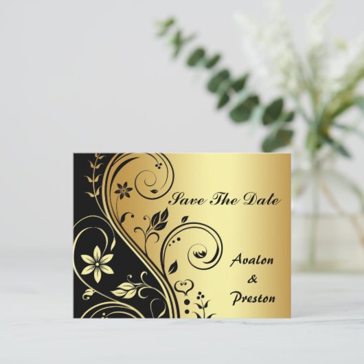 Gouden & Zwarte Bloemen Scroll Save The Date Brief Aankondigingskaart (Staand voorkant)