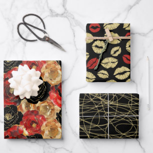 Gouden Zwarte Bloemlippen Bruiloft Feest  Inpakpapier Vel