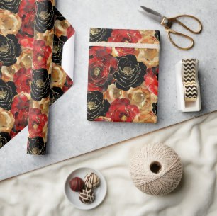 Gouden Zwarte Bloemrijke Bruiloft Feest Cadeaupapier