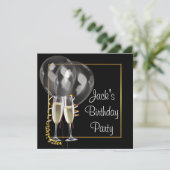 Gouden zwarte champagne betekent verjaardagsfeest kaart (Staand voorkant)