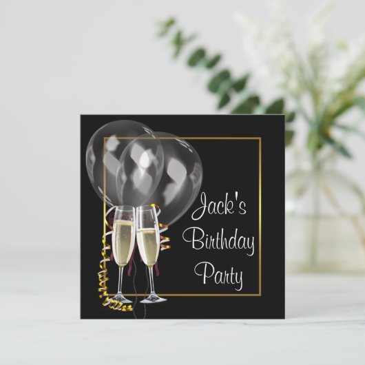 Gouden zwarte champagne betekent verjaardagsfeest kaart (Staand voorkant)