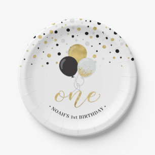 Gouden & Zwarte Confetti Ballonnen 1e Verjaardagsf Papieren Bordje