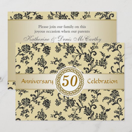 Gouden Zwarte Damast, 50ste Huwelijksjubileum Kaart (Voorkant / Achterkant)