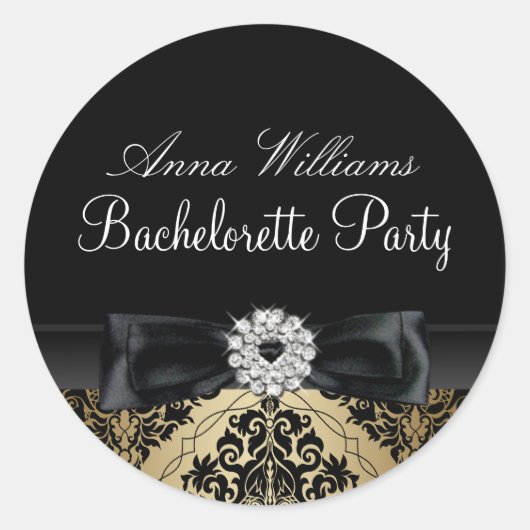 Gouden & Zwarte Damast Bachelorette Party Sticker (Voorkant)