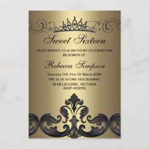 Gouden & Zwarte Damast & Tiara Verjaardagsuitnodig Kaart