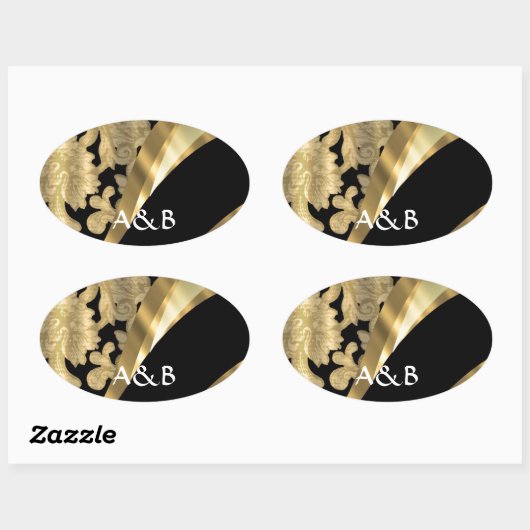Gouden & zwarte damast werveling ovale sticker (Vel)