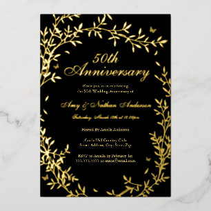 Gouden Zwarte Elegant Blad 50ste Huwelijksjubileum Folie Uitnodiging