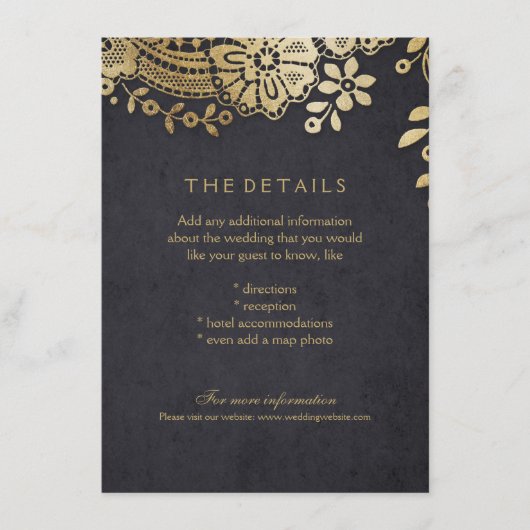 Gouden zwarte elegante kant bruiloft details kaart (Voorkant)
