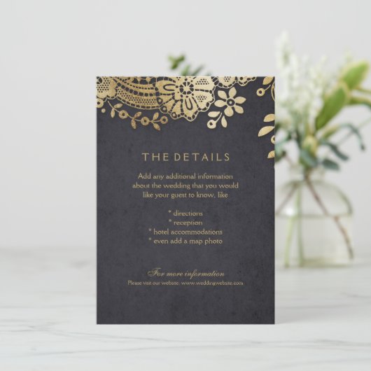 Gouden zwarte elegante kant bruiloft details kaart (Staand voorkant)