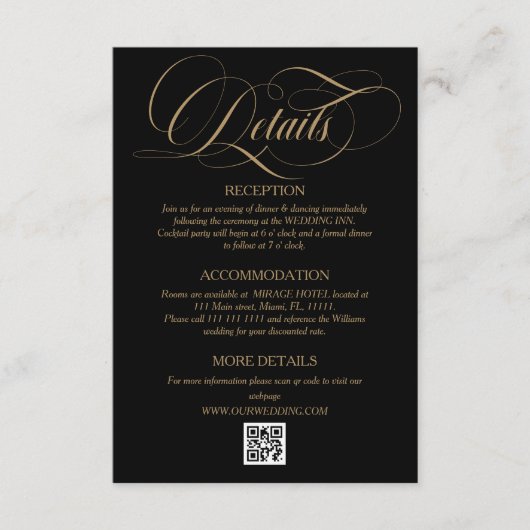 Gouden Zwarte Elegante Script Bruiloft Details Informatiekaartje (Voorkant)