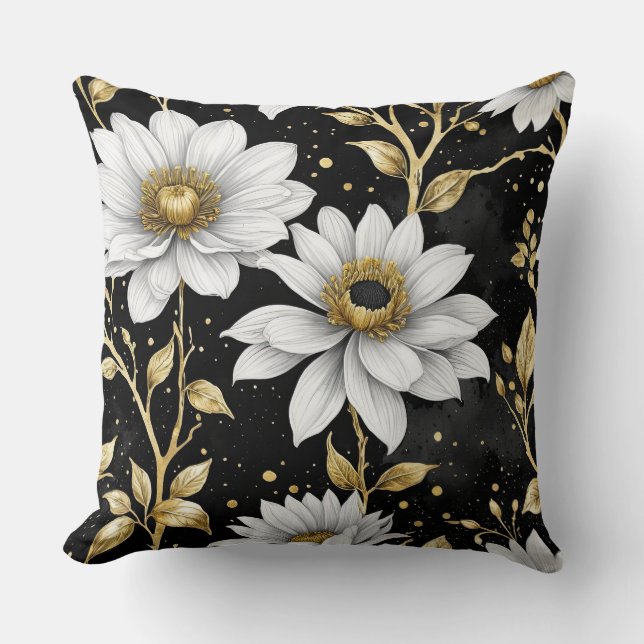 Gouden, zwarte en witte bloemen kussen (Voorkant)