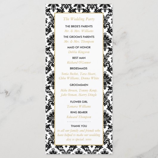  gouden, zwarte en witte ddkleurig huwelijk programmakaart (Achterkant)