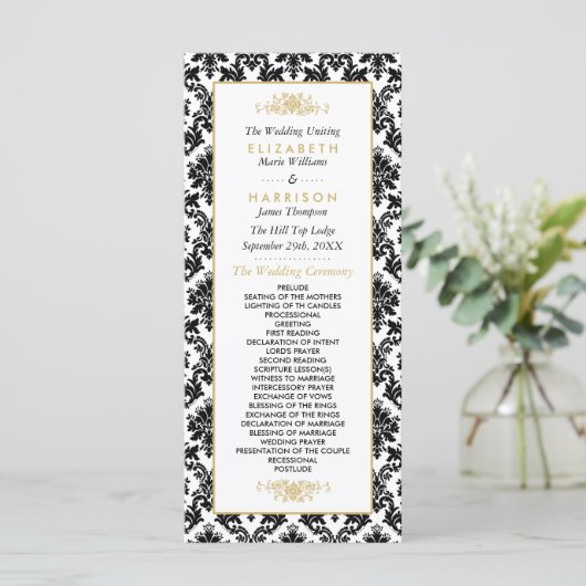  gouden, zwarte en witte ddkleurig huwelijk programmakaart (Staand voorkant)
