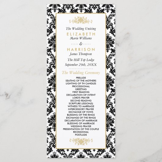  gouden, zwarte en witte ddkleurig huwelijk programmakaart (Voorkant)