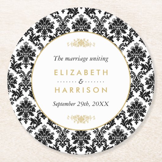  gouden, zwarte en witte ddkleurig huwelijk ronde kartonnen onderzetter (Voorkant)