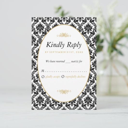  gouden, zwarte en witte ddkleurig huwelijk RSVP kaartje (Staand voorkant)