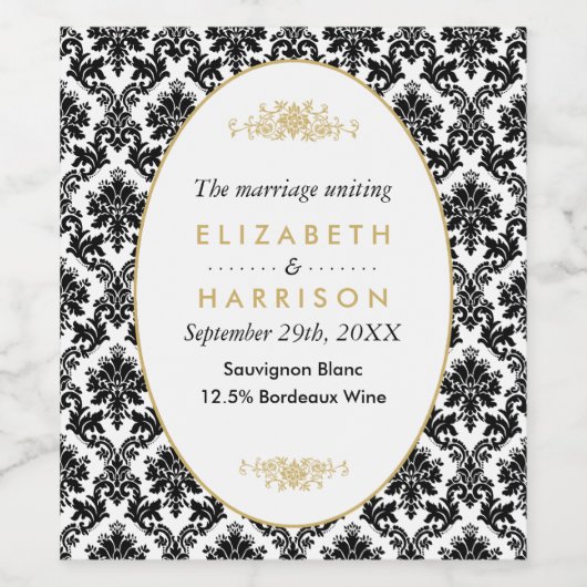 gouden, zwarte en witte ddkleurig huwelijk wijn etiket (Enkel label)