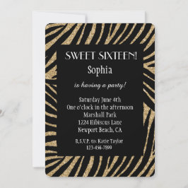 Gouden zwarte Faux Glitter Zebra Sweet Sixteen Kaart