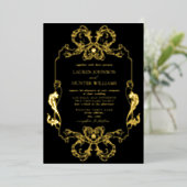  gouden zwarte Floral Line Art Monogram Weddenscha Folie Uitnodiging (Staand Voorkant)