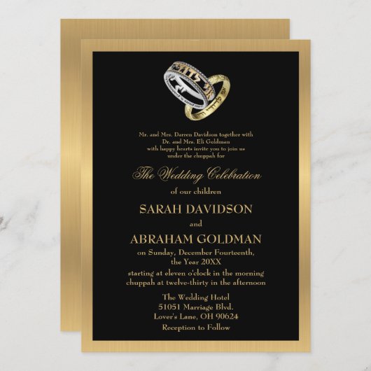 Gouden Zwarte Formele Traditionele Joodse Trouw Ui Kaart (Voorkant / Achterkant)