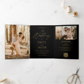 Gouden Zwarte Foto Trouwen Alles in Een QR-code Drieluik Uitnodiging (Binnen)