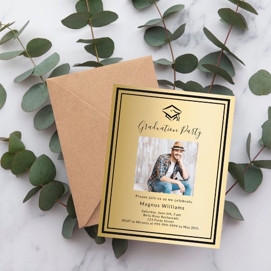 Gouden zwarte fotohoed Afstudeerfeest uitnodiging