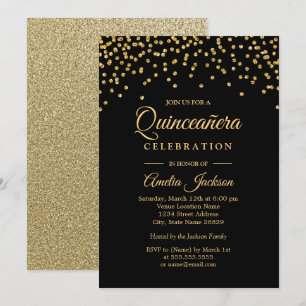 Gouden Zwarte Glitter Confetti Quinceanera Uitnodi Kaart