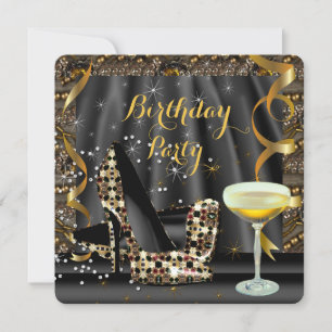 Gouden Zwarte Glitter Hoge Hakken Champagne Feest Kaart