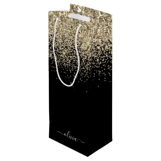 Gouden Zwarte Glitter Script Monogram Glamour Naam Wijn Cadeautas (Achterkant Gekanteld)