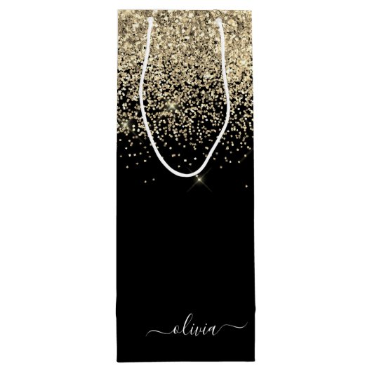 Gouden Zwarte Glitter Script Monogram Glamour Naam Wijn Cadeautas (Achterkant)