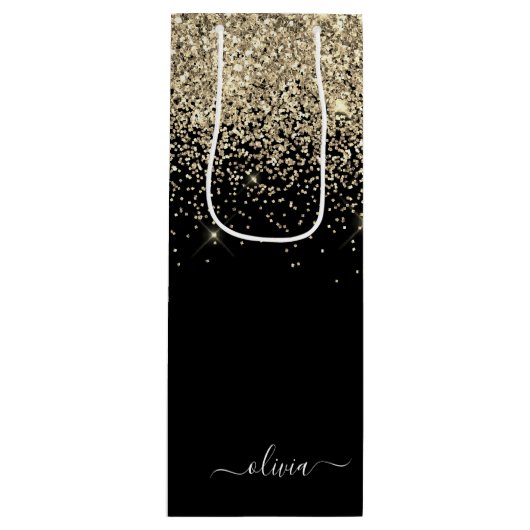 Gouden Zwarte Glitter Script Monogram Glamour Naam Wijn Cadeautas (Voorkant)