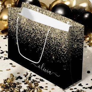 Gouden Zwarte Glitter Script Monogram Glamoureuze  Groot Cadeauzakje