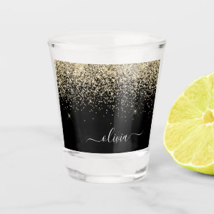 Gouden Zwarte Glitter Script Monogram Glamoureuze  Shot Glas