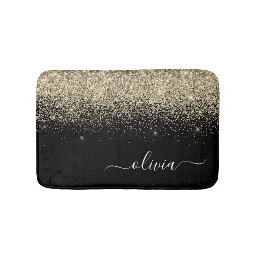 Gouden Zwarte Glitter Script Monogram Meisjesachti Badmat (Voorkant)