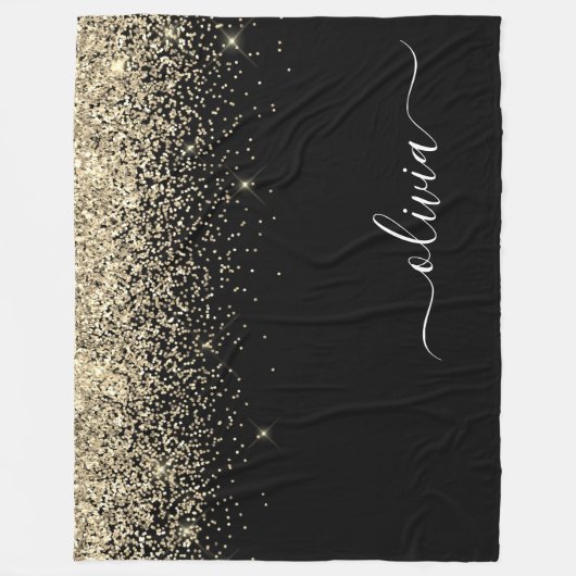 Gouden Zwarte Glitter Script Monogram Meisjesnaam Fleece Deken (Voorkant)