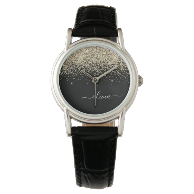Gouden Zwarte Glitter Script Monogram Meisjesnaam Horloge (Voorkant)