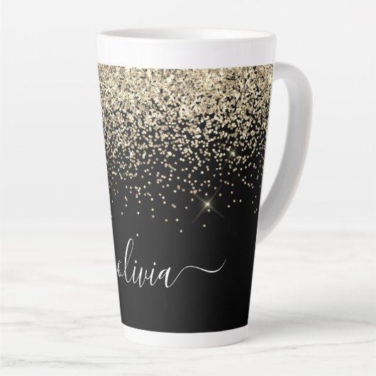 Gouden Zwarte Glitter Script Monogram Meisjesnaam Latte Mok (Rechterhoek)