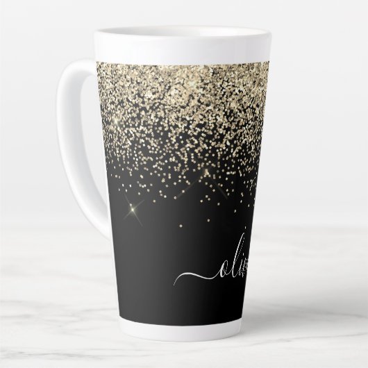 Gouden Zwarte Glitter Script Monogram Meisjesnaam Latte Mok (Linkerhoek)