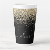 Gouden Zwarte Glitter Script Monogram Meisjesnaam Latte Mok (Voorkant)